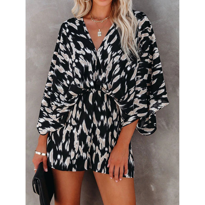 Tied Printed Kimono Sleeve Romper