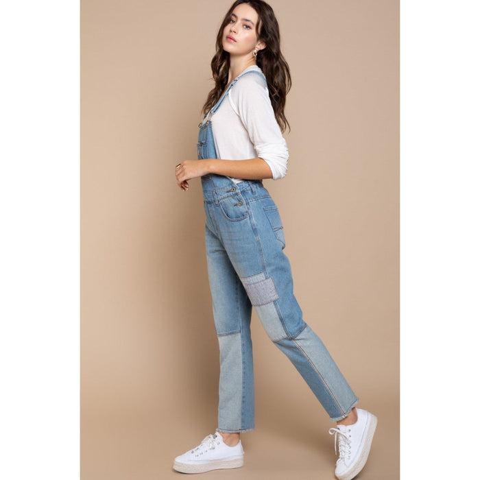 POL Front Chest Zipper Slim Leg Denim Overalls