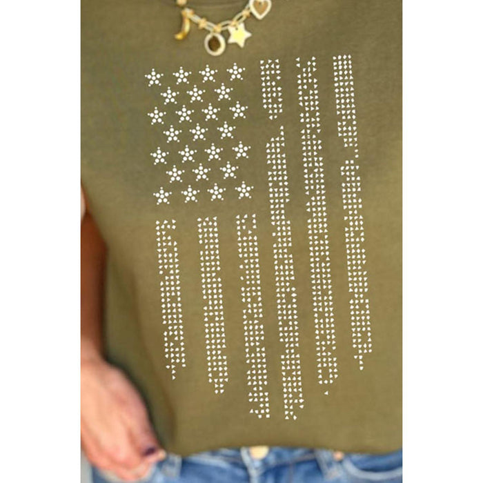 Rhinestone US Flag Round Neck Cap Sleeve T-Shirt