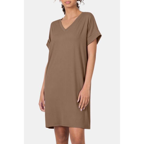 Zenana Rolled Short Sleeve V-Neck Dress