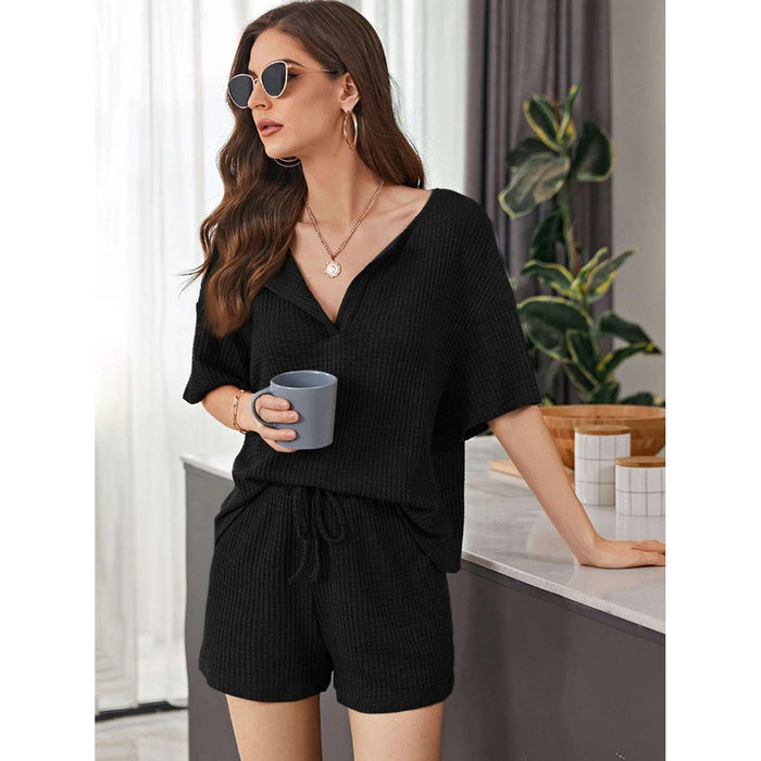 Waffle-Knit Dropped Shoulder Top and Shorts Set