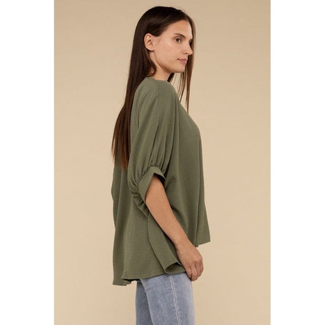 Woven Airflow V-Neck Puff Half Sleeve Top