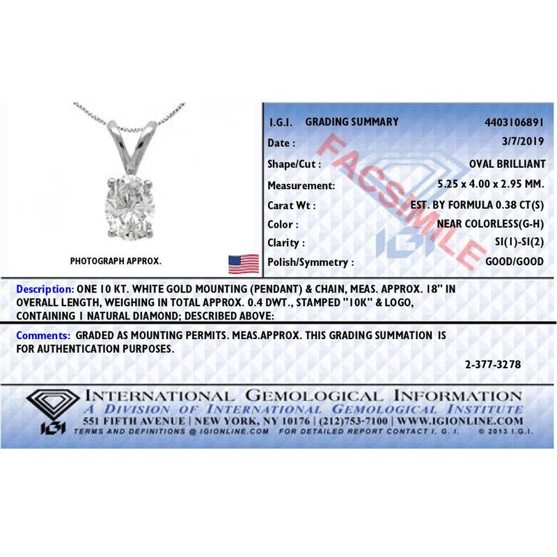 Bids.com IGI Certified 10K White Gold 3/8 cttw Prong Set Diamond Oval Pendant Necklace (I-J Color, I1 Clarity) - Size 18" Necklaces