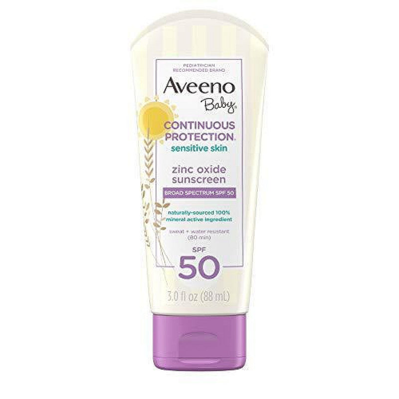 Aveeno Aveeno Baby Continuous Protection Zinc Oxide Mineral Sunscreen Lotion For Sensitive Skin, Broad Spectrum SPF 50, Tear-Free, Sweat- & Water-Resistant, Paraben-Free, Travel-Size, 3 Fl. Oz Sunscreen