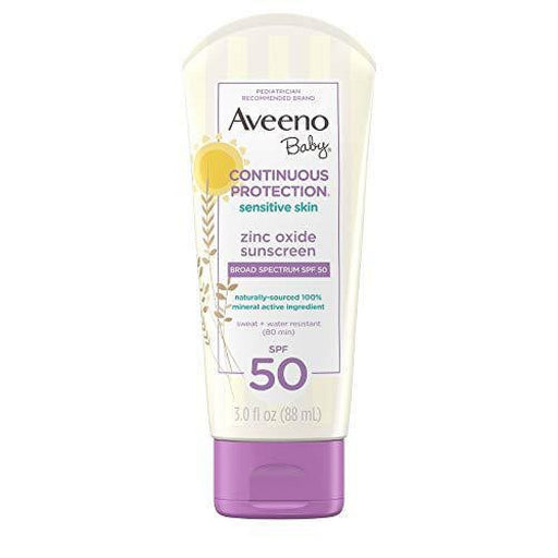 Aveeno Aveeno Baby Continuous Protection Zinc Oxide Mineral Sunscreen Lotion For Sensitive Skin, Broad Spectrum SPF 50, Tear-Free, Sweat- & Water-Resistant, Paraben-Free, Travel-Size, 3 Fl. Oz Sunscreen