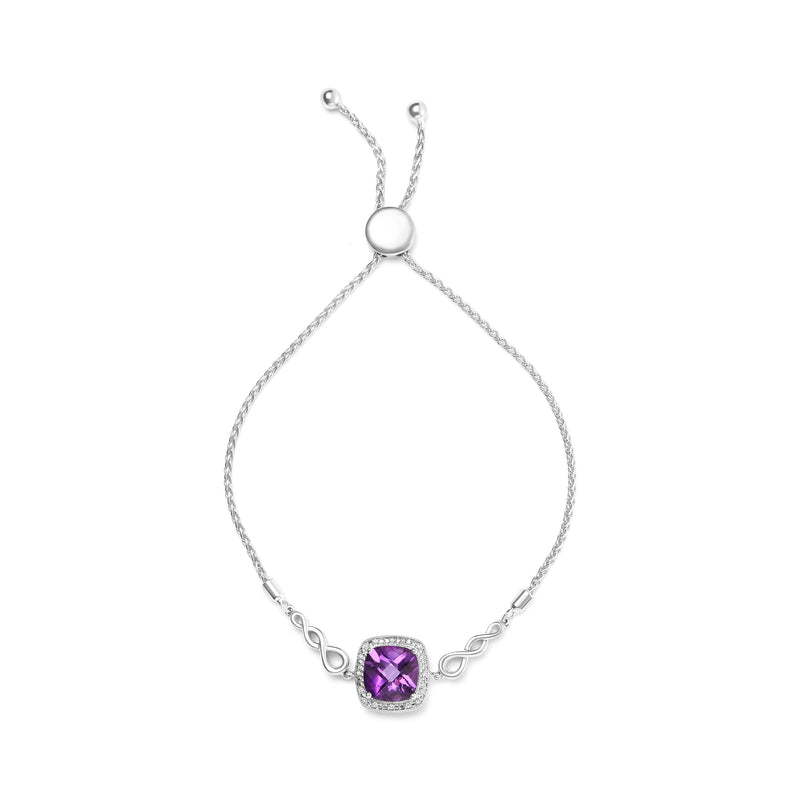 Bids.com .925 Sterling Silver 10mm Cushion Cut Amethyst Gemstone and Diamond Accent Lariat 4â€-10â€ Adjustable Bolo Bracelet (H-I Color, SI1-SI2 Clarity) Bracelets