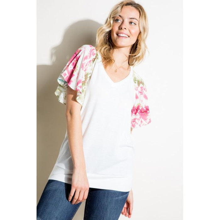 V NECK SHORT FLAIR SLEEVE TOP