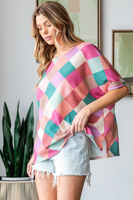 HOPELY Multi Colored Argyle Side Slit T-Shirt