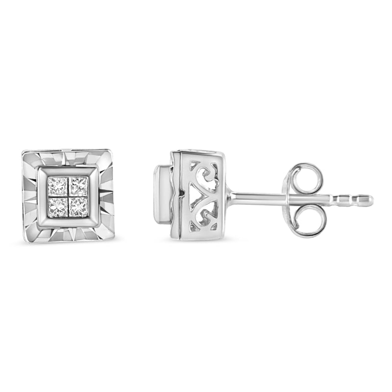 Bids.com .925 Sterling Silver 1/6 Cttw Invisible Set Princess-Cut Diamond Quad Composite Stud Earrings (H-I Color, I1-I2 Clarity) Earrings