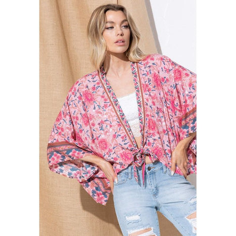 Light Woven Squared Open Kimono Cardigan With Tie