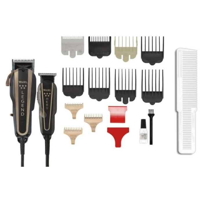 Professional Wahl Black Combo Set, Barber Combo Clipper & Trimmer #8180 & Cordless Vanish Shaver #8173-700, Hair Spray, Barber Mat, Flat Top Comb , Fade Brush, Straight Razor, Neck Duster, Barber Suitcase, Wire Protector