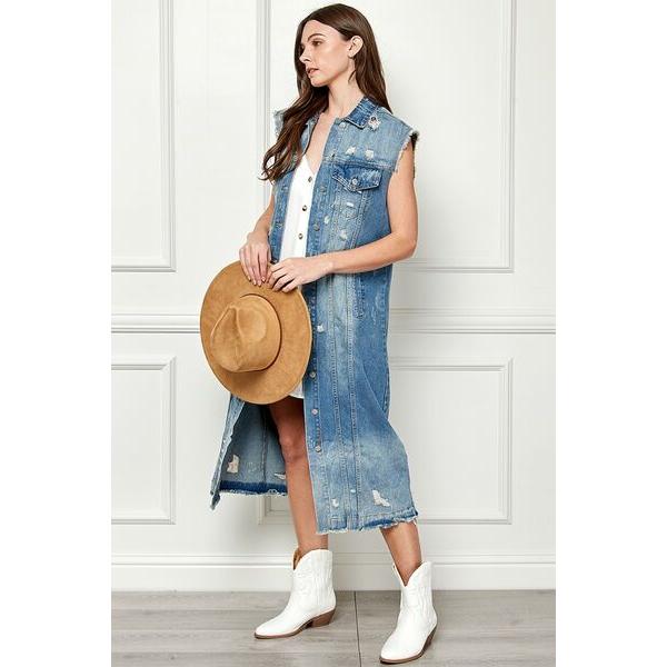 Distressed Sleeveless Longline Denim Jacket in Medium Blue Wash