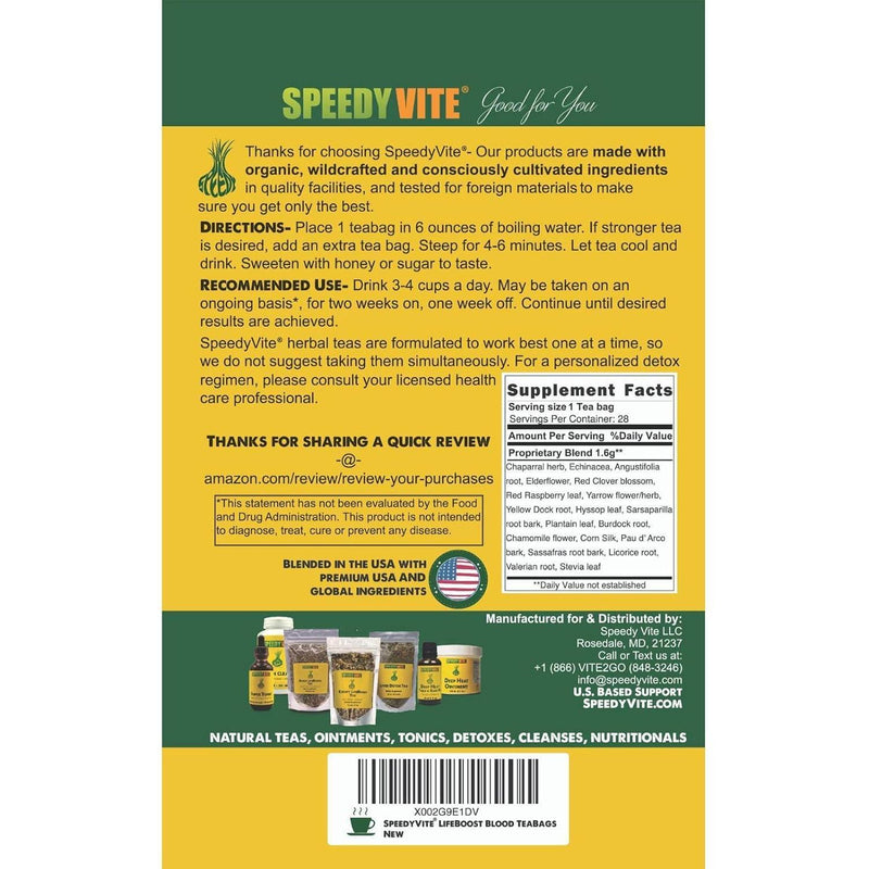 SpeedyVite® Blood LifeBoost® Tea | USDA Organic Herbal Cleansing Tea (4 oz / 8 oz / 28 Bags) | SpeedyVite® - FREE SHIPPING Tea