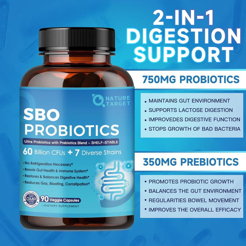 Nature Target SBO Probiotics with Prebiotic Fiber, 60 Billion CFUs, 90 Veggie Capsules Probiotic