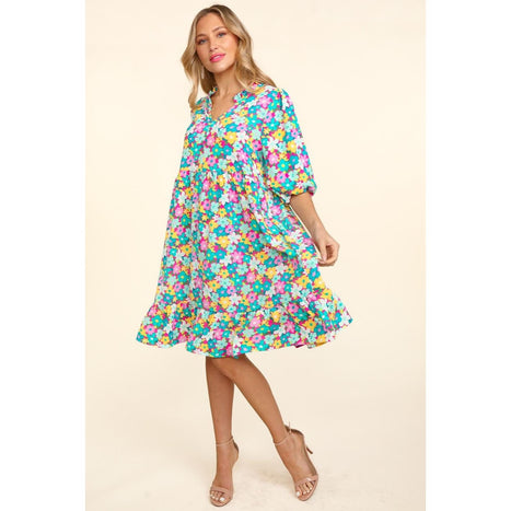 Bubble Sleeve Floral Ruffled Dress