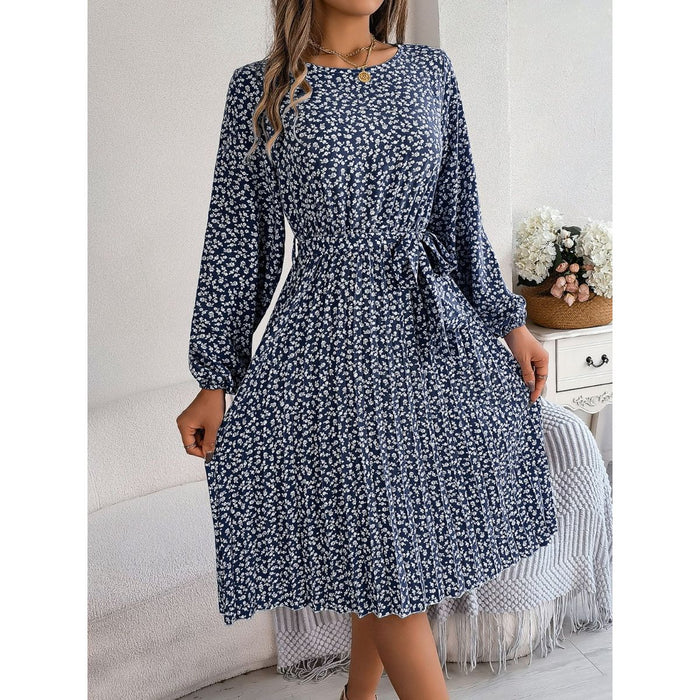 Ditsy Floral Tie Waist Pleated Dress