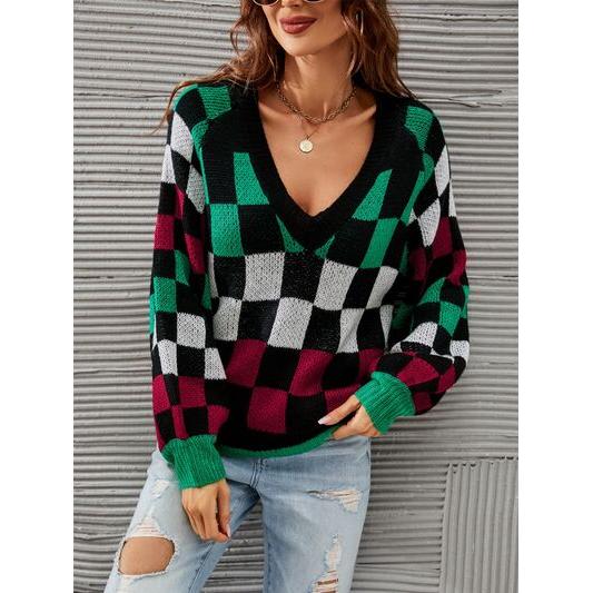 Checkered V-Neck Lantern Sleeve Sweater