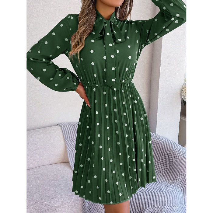 Polka Dot Tie Neck Pleated Dress