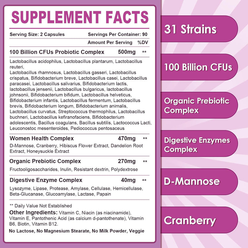 Nature Target Women's Probiotics for Gut Health, 100 Billion CFUs, 180 Veggie Capsules Probiotic