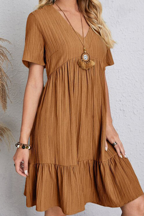 Ruched V-Neck Short Sleeve Dress