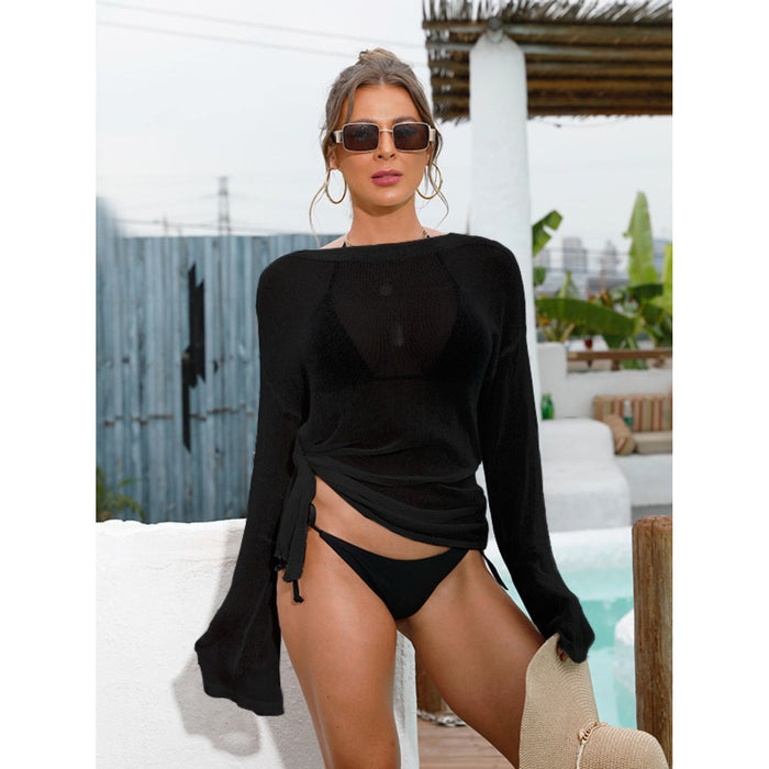 Slit Boat Neck Dropped Shoulder Cover-Up