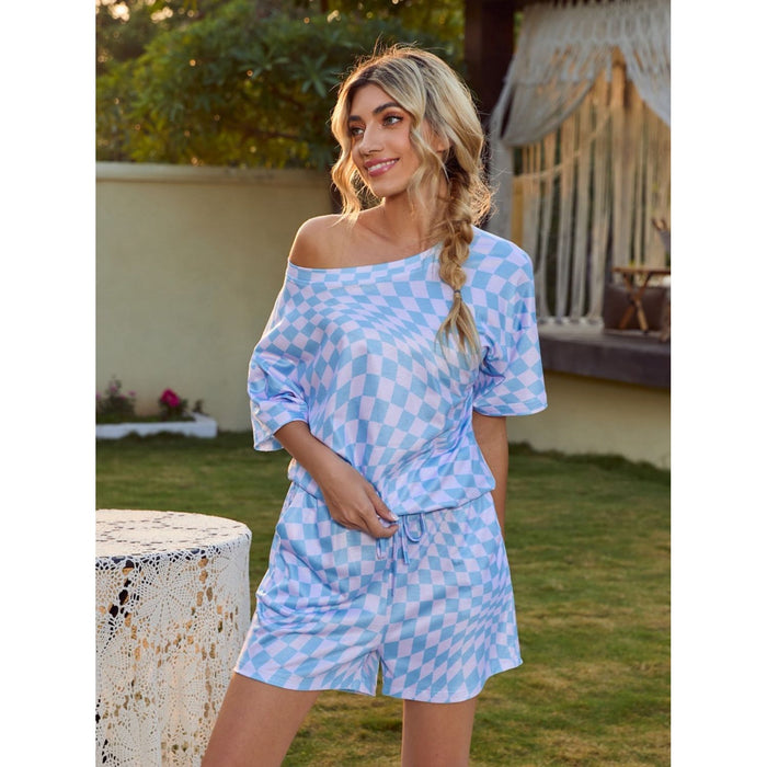 Plaid Round Neck Top and Shorts Lounge Set