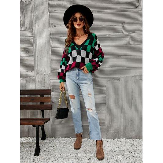 Checkered V-Neck Lantern Sleeve Sweater