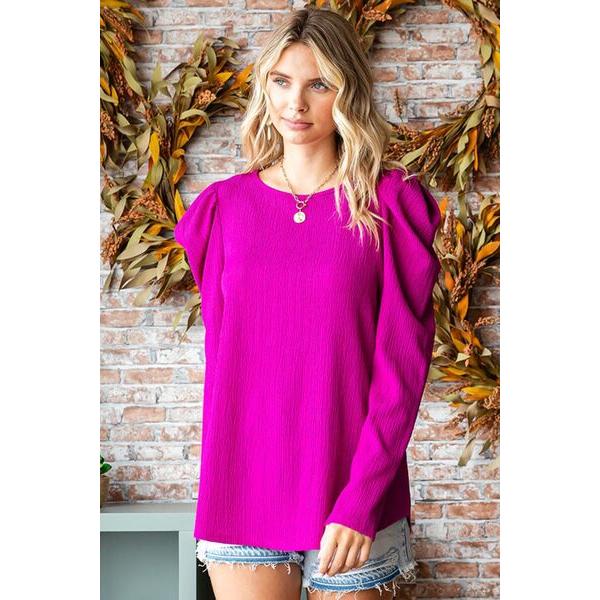 First Love Texture Puff Sleeve Round Neck Blouse