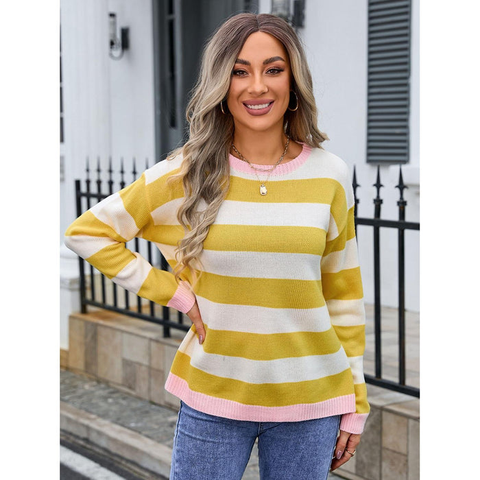 Striped Round Neck Dropped Shoulder Sweater