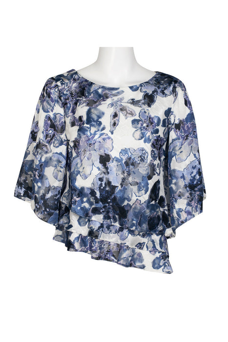 Boat Neck 3/4 Sleeve Multi Print Asymmetrical Triple Tier Hem Chiffon Top