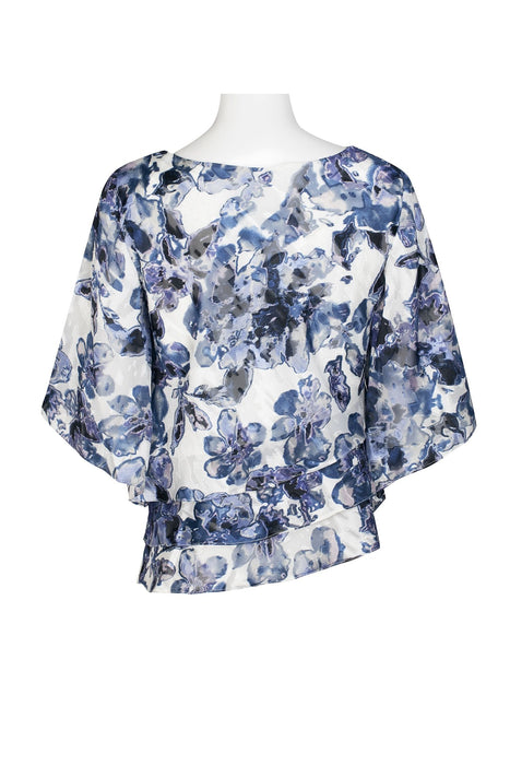 Boat Neck 3/4 Sleeve Multi Print Asymmetrical Triple Tier Hem Chiffon Top