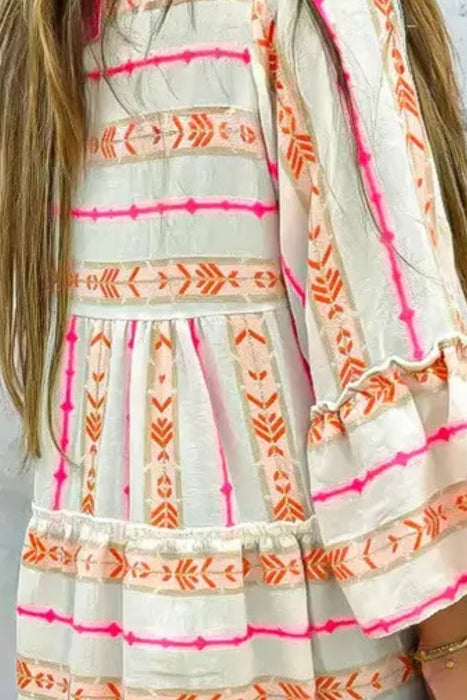 Frill Printed Notched Long Sleeve Dress