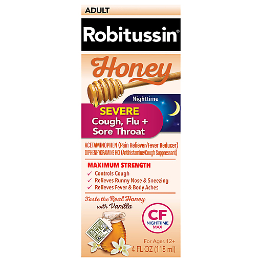 Robitussin Robitussin Adult Maximum Strength Honey Nighttime Severe Cough, Flu + Sore Throat 4 Fl Oz Box Personal Care