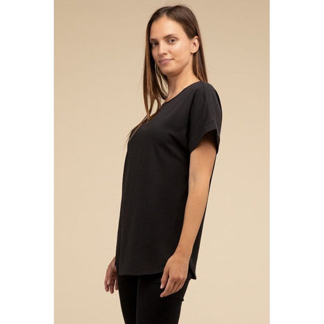 Woven Heavy Dobby Rolled Sleeve Boat Neck Top