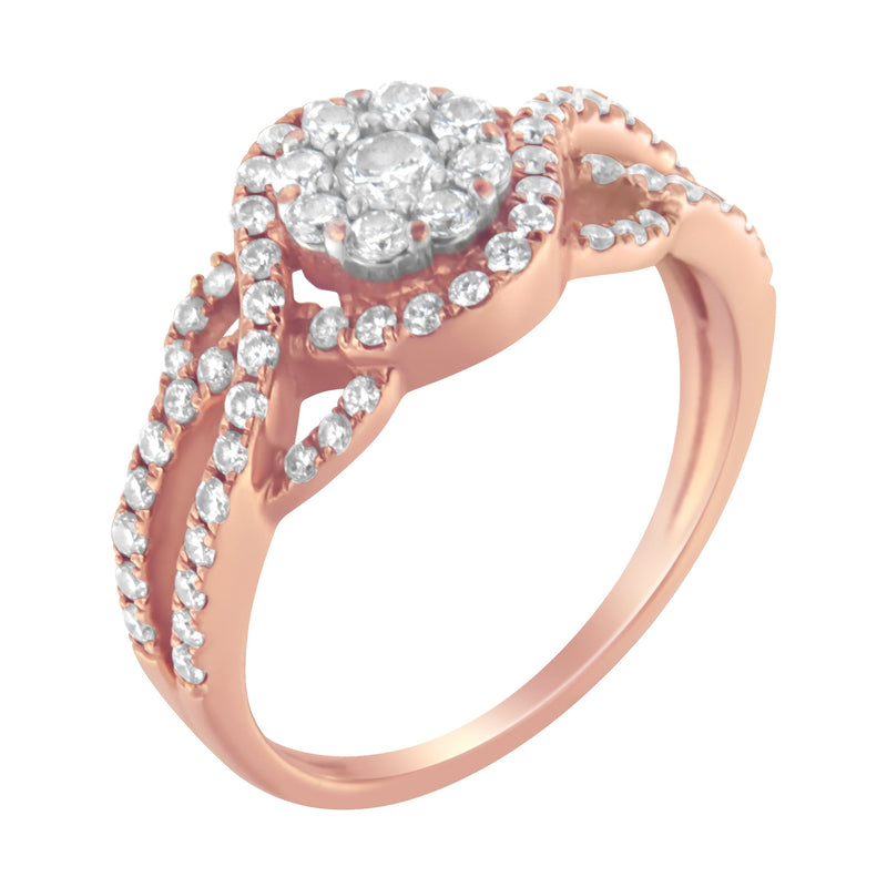 Bids.com 10K Rose Gold 3/4 Cttw Diamond Floral Cluster Head and Twisted Shank Cocktail  Ring (H-I Color, SI1-SI2 Clarity)- Size 7 Rings