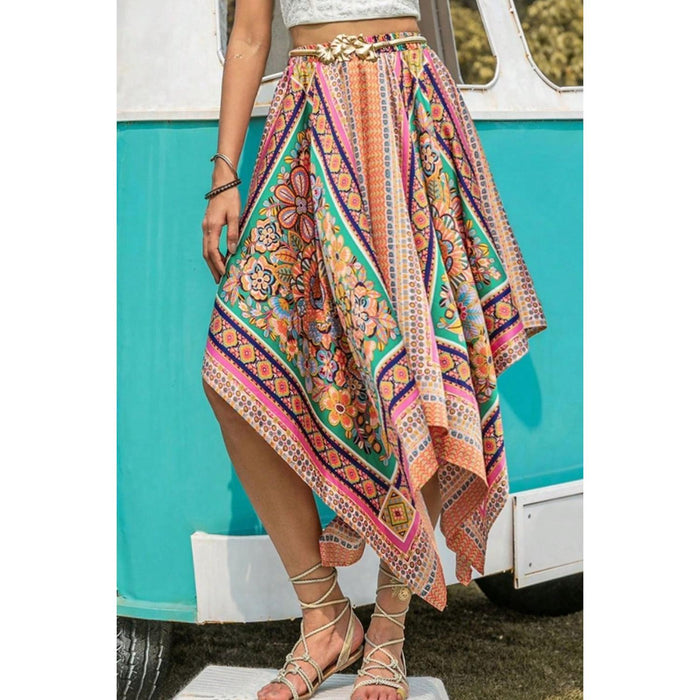 Printed High Waist Handkerchief Hem Skirt