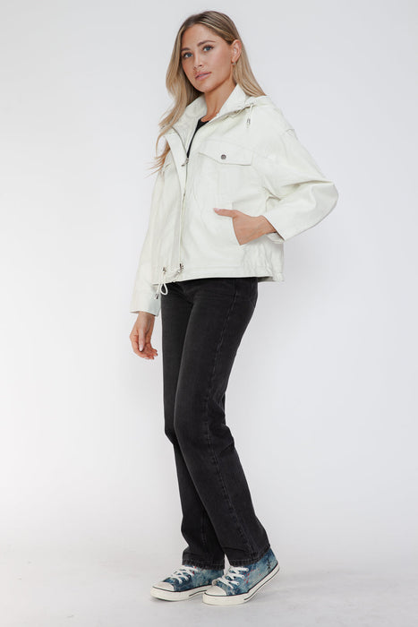 Drawstring Hem PU Leather Zip Up Jacket