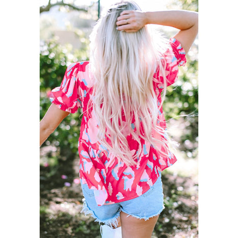 Peplum Printed Notched Short Sleeve Blouse