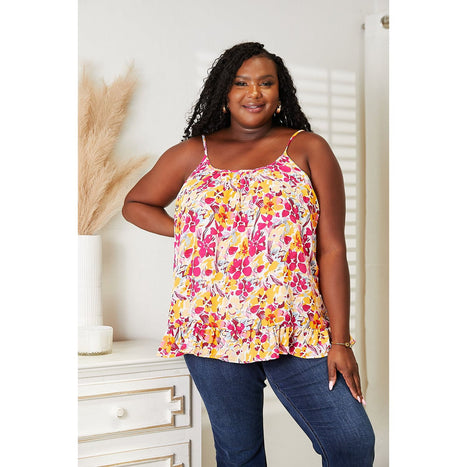 Double Take Floral Scoop Neck Ruffle Hem Cami