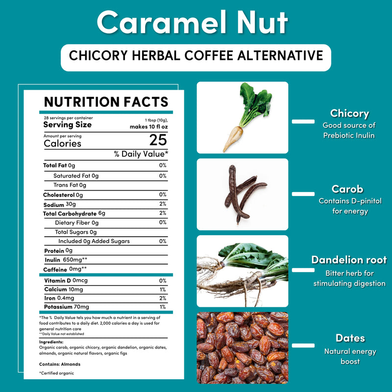 Teeccino Dandelion Caramel Nut Chicory Herbal Coffee Herbal Coffee Dark Cyan 10 ounce ground,500g ground,5lb ground,Trial Size