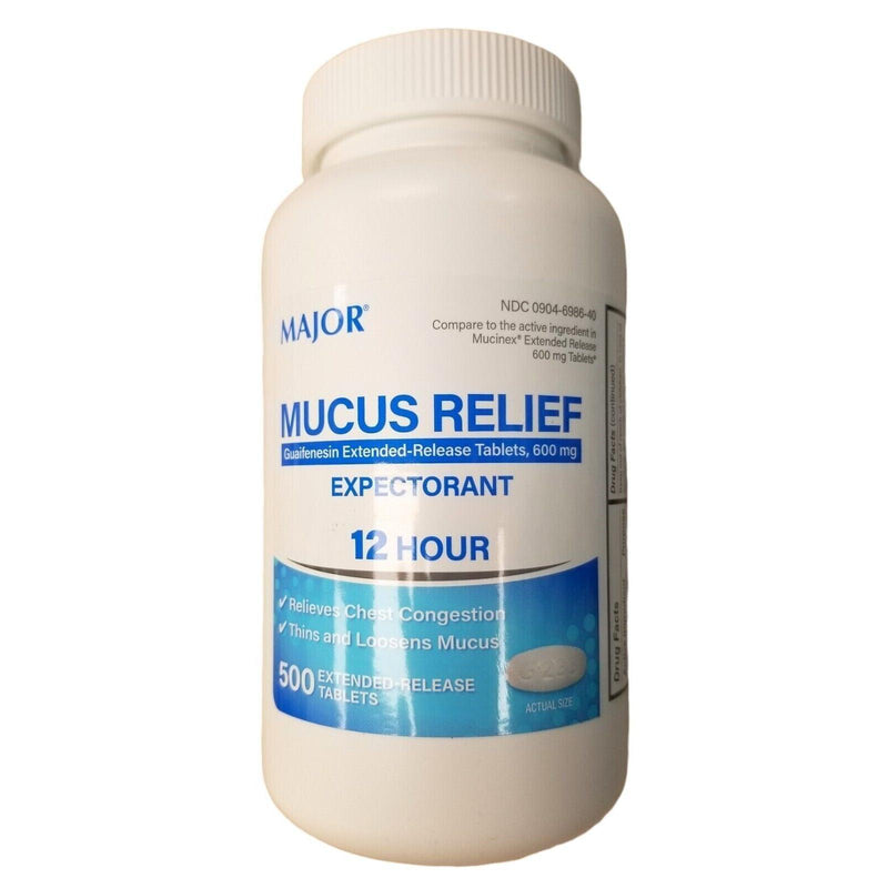 0 MAJOR Mucus Relief Guaifenesin 600mg 12 Hr Extended Release 500 Count Bottle Decorative Bottles White Smoke