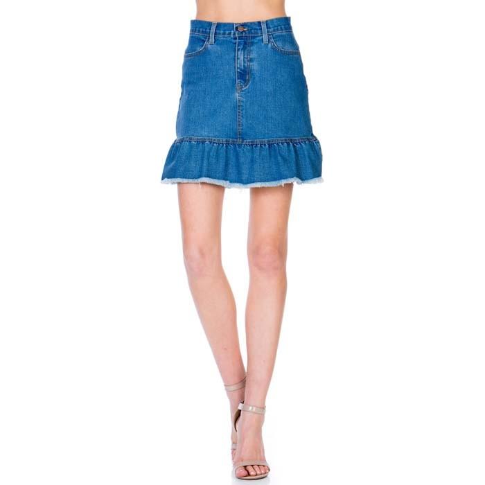 High Waisted A-line Ruffle Hem Denim Skirt