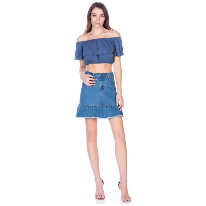 High Waisted A-line Ruffle Hem Denim Skirt