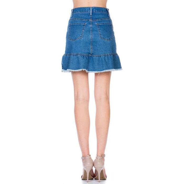 High Waisted A-line Ruffle Hem Denim Skirt