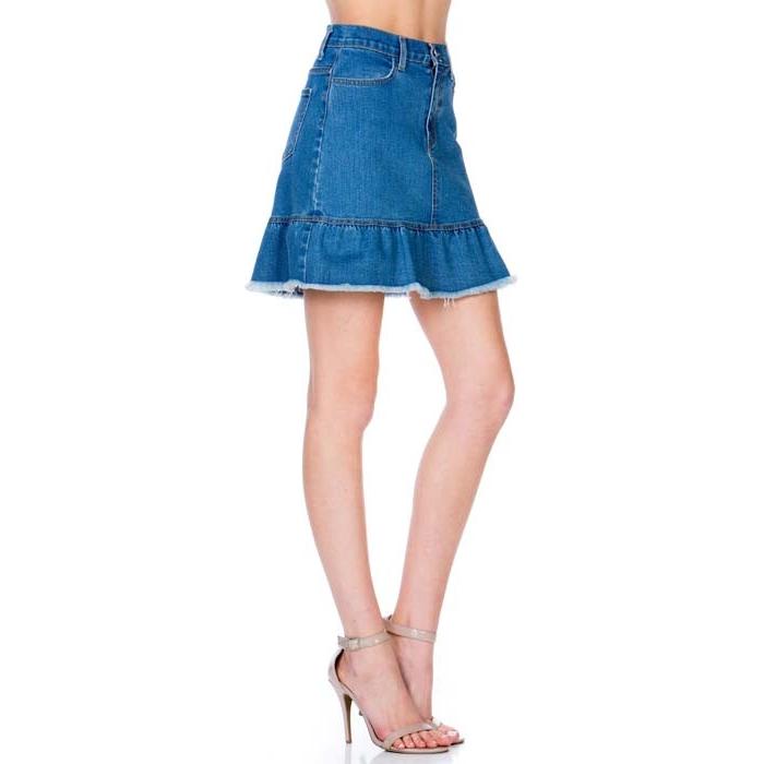 High Waisted A-line Ruffle Hem Denim Skirt