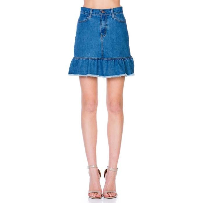 High Waisted A-line Ruffle Hem Denim Skirt