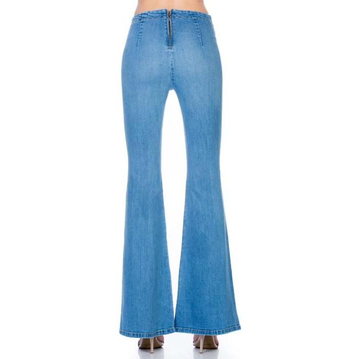 zipper back faded denim flare  jeans pants