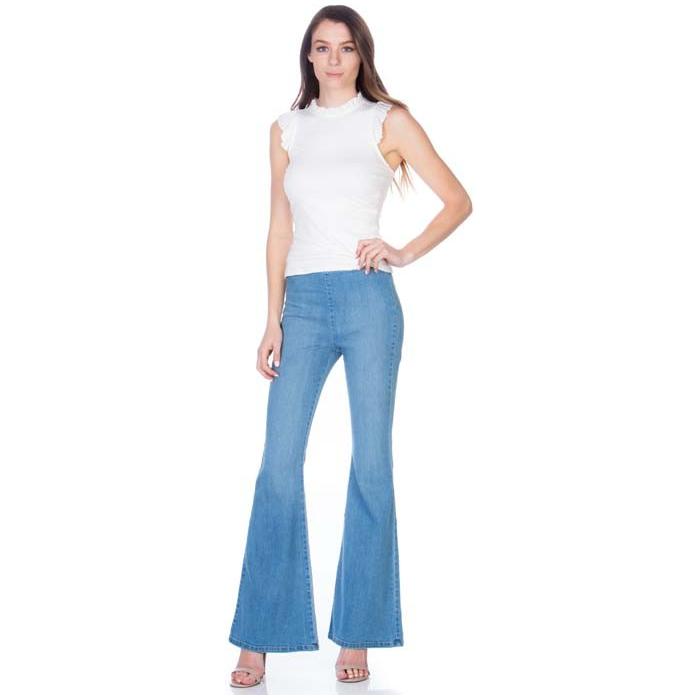 zipper back faded denim flare  jeans pants