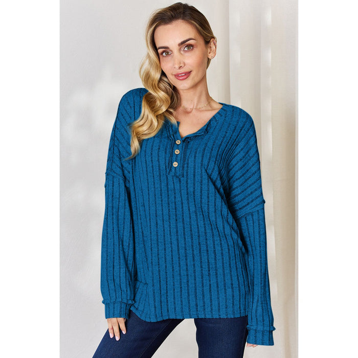 Basic Bae Ribbed Half Button Long Sleeve T-Shirt