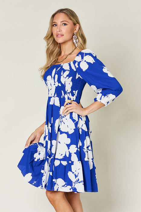 Floral Ruffle Hem Smocked Dress in Royal Blue